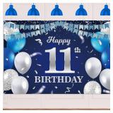 Happy 11th Birthday Banner Backdrop Navy Blue Balloons Confetti Stripe Flag Light Spots Cheers to 11 Years Old Theme Decorations Decor for Girls Boys 11th Birthday Party Bday Supplies Glitter Silver