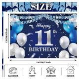 Happy 11th Birthday Banner Backdrop Navy Blue Balloons Confetti Stripe Flag Light Spots Cheers to 11 Years Old Theme Decorations Decor for Girls Boys 11th Birthday Party Bday Supplies Glitter Silver