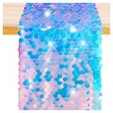 Mermaid Tail Scales Table Runner 12 x 84 Inches - Glitter Holographic Sequin Cover for Ocean Under The Sea Party Decorations and Supplies (1)
