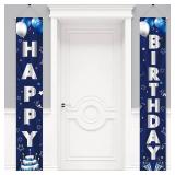 MDCGFOD Blue Silver Birthday Decorations Banner, Happy Birthday Door Sign, Polyester, 72 x 12 Inch, for Men Women Boys Girls, Reusable, Ideal Party Supplies