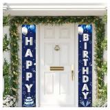 MDCGFOD Blue Silver Birthday Decorations Banner, Happy Birthday Door Sign, Polyester, 72 x 12 Inch, for Men Women Boys Girls, Reusable, Ideal Party Supplies