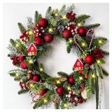 20\" Christmas Wreaths for Front Door, Christmas Wreath with Candy Canes Christmas Ball Ornaments, Lifelike Pine Cones Berries & Bow, Christmas Door Wreath for Indoor Outdoor Wall Decor
