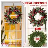 20\" Christmas Wreaths for Front Door, Christmas Wreath with Candy Canes Christmas Ball Ornaments, Lifelike Pine Cones Berries & Bow, Christmas Door Wreath for Indoor Outdoor Wall Decor