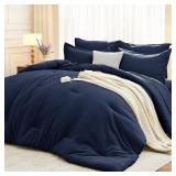 MUXHOMO 7 Pieces Queen Comforter Set, Soft Bed in a Bag Queen Size, All Season Bedding Set with Comforter, Flat Sheet, Fitted Sheet, Pillowcases & Shams, Navy Blue