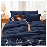 MUXHOMO 7 Pieces Queen Comforter Set, Soft Bed in a Bag Queen Size, All Season Bedding Set with Comforter, Flat Sheet, Fitted Sheet, Pillowcases & Shams, Navy Blue