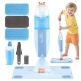Dreamon Kids Spray Mop - Real Working Toddler Cleaning Set with Water Sprayer & 3 Washable Mop Pads & Scraper, Pretend Play Montessori Housekeeping Toys Gifts for Toddlers Kids Girls Boys(Blue)
