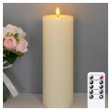 Wroxipel 4\" x12\" Flameless Flickering Remote Ivory Candles with Candle Grease and Timer, LED Battery Operated Fake Real Wax 3D-Wick Pillar Candles, Pack of 1