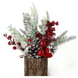 Small Christmas Tree Tabletop Artificial Mini Christmas Tree Decorations with Holiday Ornaments Red Berry Pine Cone Greenery for Home Indoor Fireplace Mantel Xmas Decor (Tree Stump-Red)