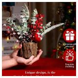 Small Christmas Tree Tabletop Artificial Mini Christmas Tree Decorations with Holiday Ornaments Red Berry Pine Cone Greenery for Home Indoor Fireplace Mantel Xmas Decor (Tree Stump-Red)