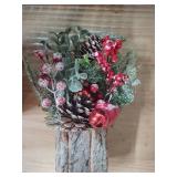 Small Christmas Tree Tabletop Artificial Mini Christmas Tree Decorations with Holiday Ornaments Red Berry Pine Cone Greenery for Home Indoor Fireplace Mantel Xmas Decor (Tree Stump-Red)