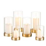 Hewory Hurricane Candle Holder for Pillar Candles: Gold Votive Candle Holders Set of 6, Glass Hurricane with Metal Candle Plate, Pillar Candle Holder for Table Centerpiece Wedding Holiday Home Decor