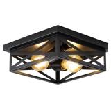 DIKAIDA Black Rustic Metal Flush Mount Ceiling Light Fixture, 2-Light Industrial Farmhouse Hallway Light Fixtures, Metal Cage Closed to Ceiling Mounted Lights for Bedroom Kitchen Ceiling Lights