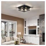 DIKAIDA Black Rustic Metal Flush Mount Ceiling Light Fixture, 2-Light Industrial Farmhouse Hallway Light Fixtures, Metal Cage Closed to Ceiling Mounted Lights for Bedroom Kitchen Ceiling Lights