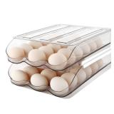 MesRosa Egg Holder for Fridge, Automatically Rolling Egg Storage Container for Refrigerator,Large Capacity Egg Organizer for Fridge with Lid,Clear Plastic Dispenser, Tray & Bin -2 Layer