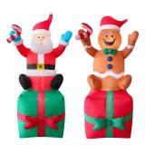 EEkiiqi 2 Packs 6FT Inflatable Christmas Santa Claus on Gift Box and Gingerbread Man Blow Up Decor for Christmas Outdoor/Doorway/Lawn Decor/Yard Party Decoration