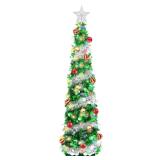 5 Feet Pop Up Christmas Tinsel Tree with Timer Warm White & Multi Color Change Lights Battery Operated Pop Up Pencil Tree with 15 Ball Ornaments & Star Xmas Home Indoor Holiday Decor (Green Silver)