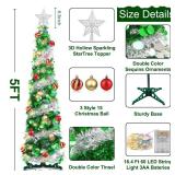 5 Feet Pop Up Christmas Tinsel Tree with Timer Warm White & Multi Color Change Lights Battery Operated Pop Up Pencil Tree with 15 Ball Ornaments & Star Xmas Home Indoor Holiday Decor (Green Silver)