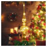 Gejoy Mercury Glass Finial Christmas Tree Topper 15.4 Inch LED Vintage Spherical Tree Topper Silver Ornament for Home Xmas Holiday Party Decor