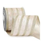 DINDOSAL Champagne Velvet Wired Ribbon with Glitter Stripe 4 Inch Extra Wide Crushed Velvet Christmas Ribbon, 10 Yards for Gift Wrapping, Crafts, Tree Decorations, Wreaths, Garlands