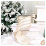 DINDOSAL Champagne Velvet Wired Ribbon with Glitter Stripe 4 Inch Extra Wide Crushed Velvet Christmas Ribbon, 10 Yards for Gift Wrapping, Crafts, Tree Decorations, Wreaths, Garlands