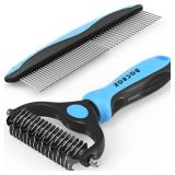 Docrok Pet Grooming Combo - Blue Deshedding Brush with Metal Comb for Detangling and Dematting Long, Matted Fur on Cats and Dogs