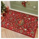 Lahome Christmas 2x3 Entryway Rug, Small Christmas Indoor Door Mat for Entrance, Non Slip Washable Soft Xmas Reindeer Throw Rug for Kitchen Bedroom Bathroom Holiday Decor, Red