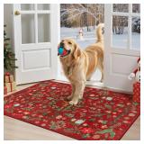 Lahome Christmas 2x3 Entryway Rug, Small Christmas Indoor Door Mat for Entrance, Non Slip Washable Soft Xmas Reindeer Throw Rug for Kitchen Bedroom Bathroom Holiday Decor, Red