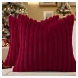 decorUhome Faux Fur Spring Throw Pillow Covers 18x18 Set of 2, Decorative Soft Plush Striped Neutral Couch Pillow Covers with Velvet Back for Sofa, Bed, Living Room Home, Burgundy