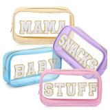 SilTriangle 4 Pcs Mama and Baby Toiletry Bag Clear Chenille Letter Pouch Snacks Makeup Stuff Travel Diaper Bag Preppy Transparent Pouch with Zipper for Women Gift(Macarons Color)