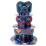 ArianQicult Neon Video Game Cupcake Stand - 3-Tier Glow Video Game Round Cake Stand Cupcake Tower, Gaming Themed Cardboard Dessert Holder Party Decorations for Kids Boys Birthday Party Supplies
