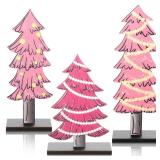 Meooeck 3 Pcs Pink Wood Christmas Trees Tabletop Rustic Christmas Decor Farmhouse Centerpieces Decorations for Tables with Rectangular Base for Home