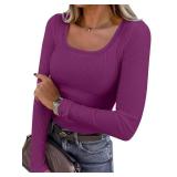 ANRABESS Womens Long Sleeve Shirts Scoop Neck Ribbed Knit Slim Fitted Tops Casual Basic Tee 2025 Fall Fashion Outfits Clothes Purple Small