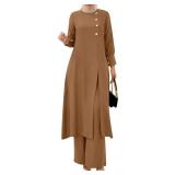 IDOPIP Abaya Dress for Women Muslim Set Long Sleeve Chiffon Ramadan Islamic Prayer Dress Button Down Shirt with Pants 2PCS Middle East Dubai Outfits Modest Arabic Casual Clothes Khaki - Split 3XL