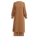 IDOPIP Abaya Dress for Women Muslim Set Long Sleeve Chiffon Ramadan Islamic Prayer Dress Button Down Shirt with Pants 2PCS Middle East Dubai Outfits Modest Arabic Casual Clothes Khaki - Split 3XL