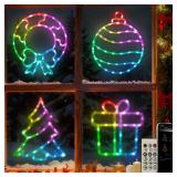 Urvoix Smart Christmas Window Lights, Christmas Window Silhouette Lights, 4 Pack Colour Lighted Wreath, Xmas Tree, Gift Box, Ball with Remote APP Control for Holiday Wall Door Window Decorations