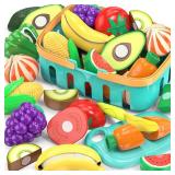 Cutting Play Food Toys For Kids, Pretend Play Kitchen Accessories, Fake Fruits/Vegetables Set With Shopping Storage Basket, Plastic Board And Knife, Birthday Gifts/Educational Toy For Toddler Children