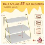 VyGrow Cupcake Stand, 3-Tier Dessert Stand for 55 Cupcakes, Wood & Metal Tower Display Premium Holder Dessert Tree Tower for Christmas Birthday Weddings Party Decor, Serving Tray (White & Gold)