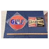 Gulf & Champion Spark Plugs Signs - Automotive Decor Set