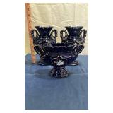 Cobalt Blue Porcelain Vase Set with Floral Design