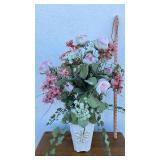 Pink Rose and Cherry Blossom Floral Arrangement in White Embossed Vase