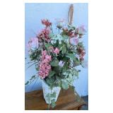 Pink Rose and Cherry Blossom Floral Arrangement in White Embossed Vase
