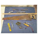 Mixed Tool Lot with Hand Saw and Measuring Tools
