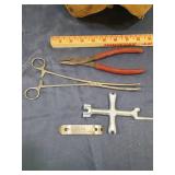 Leather tool bag some hand tools