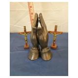 Bronze painted  Praying Hands Sculpture with Wooden Crucifixes