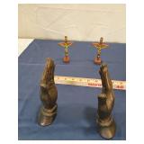 Bronze painted  Praying Hands Sculpture with Wooden Crucifixes