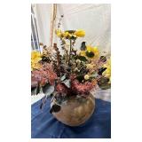 Decorative Floral Display with Sunflowers and Concrete Orb
