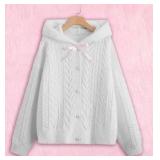 White Cable Knit Hooded Cardigan Size Med
