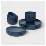 12pc Stoneware Tilley Dinnerware Set Blue - Threshold: Solid Dish Set, Microwave & Dishwasher-Safe, Service for 4 - Retail: $70