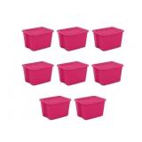 Sterilite Large Storage Bin, 18 Gallon Plastic Storage Container with Snap-On Lid, Pink, 8 Count (4 damaged lids)