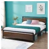 Platform Queen Bed Frame with Rustic Headboard and Footboard, Strong Steel Slat Support, No Box Spring Needed, Noise Free, Easy Assembly (Brown/Industrial Platform Queen Bed Frame) - Retail: $115